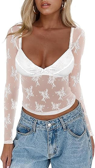 Damen Transparente Spitzenbluse mit eleganten Details EB