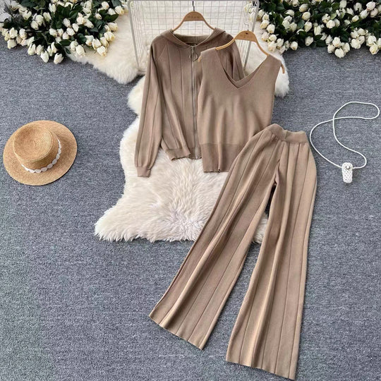 Damen modisches Strick-Loungewear-Set mit V-Ausschnitt und Kapuze EB