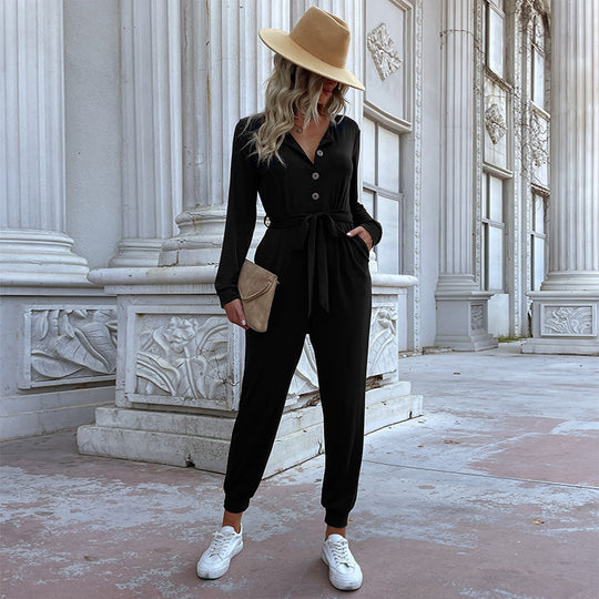 Damen lässiger Jumpsuit mit Knopfleiste und Taillengürtel EB