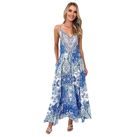 Damen Maxikleid mit verziertem V-Ausschnitt und luftiger Rockform EB