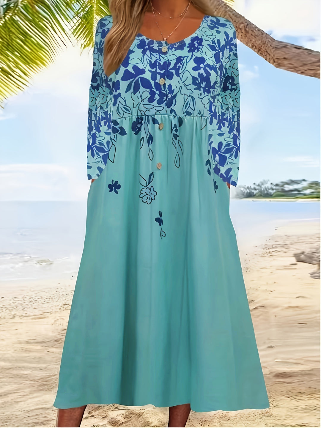 Damen Maxikleid mit floralem Design und eleganten Knopfdetails EB