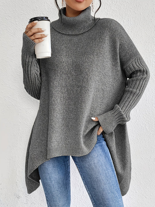 Damen nan Oversize Strickpullover mit hohem Rollkragen, gerippten Ärmeln und asymmetrischem Saum EB