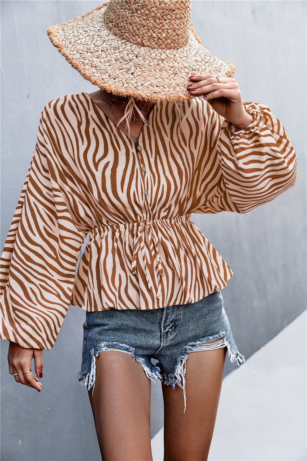 Damen Oversize Bluse mit Zebra-Print und taillierter Raffung EB