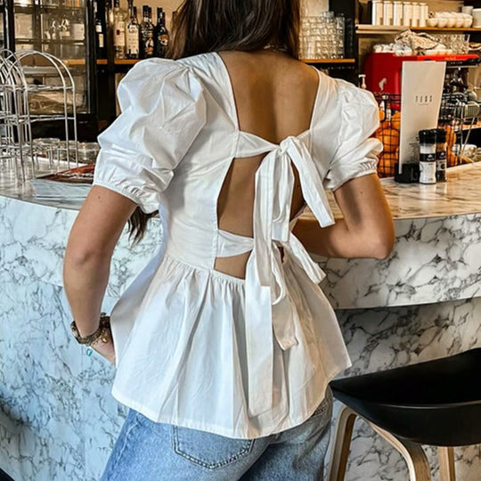 Damen bezaubernde Bluse mit Knoten-Detail und Puffärmeln EB