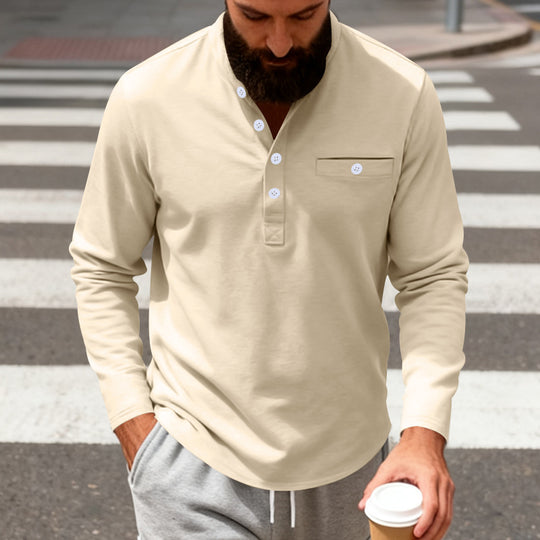Herren nan langärmeliges Henley-Shirt mit Stehkragen, Brusttasche und dekorativer Knopfleiste EB