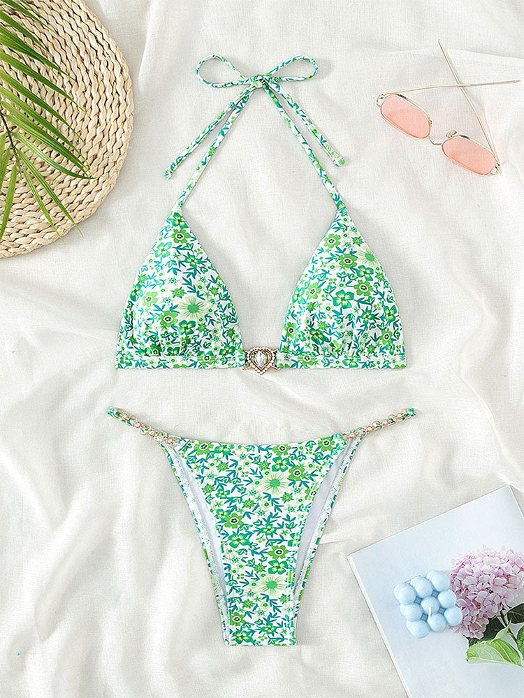Damen Triangel-Bikini mit dekorativen Kettendetails und floralen Akzenten EB