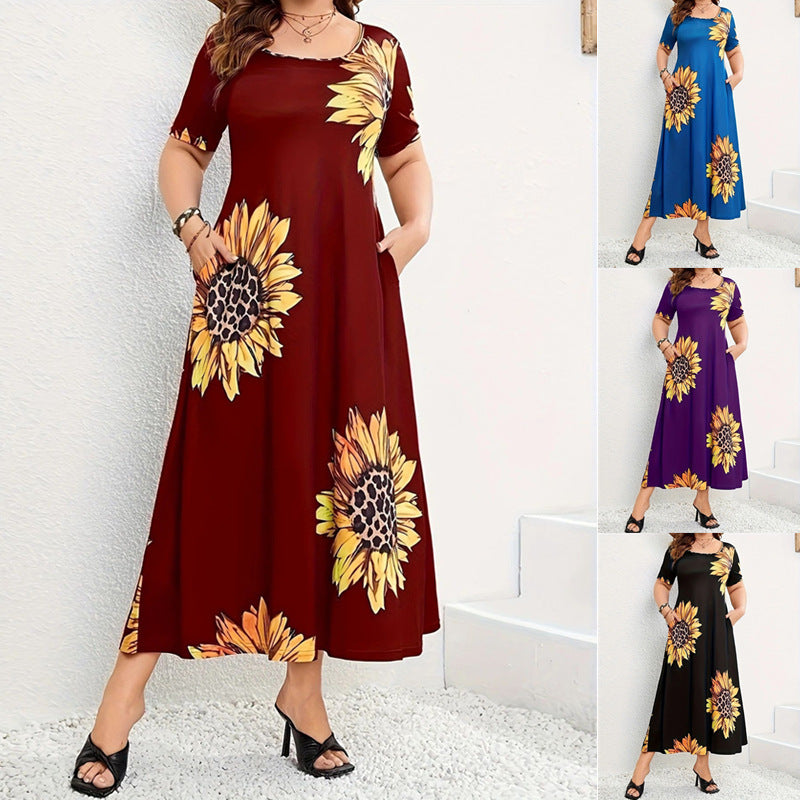 Damen Sommerliches Maxikleid mit floralem Sonnenblumenmuster und praktischen Taschen EB