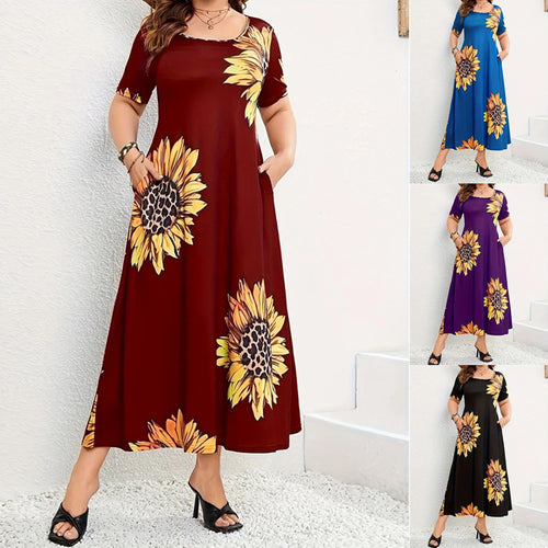Damen Sommerliches Maxikleid mit floralem Sonnenblumenmuster und praktischen Taschen EB