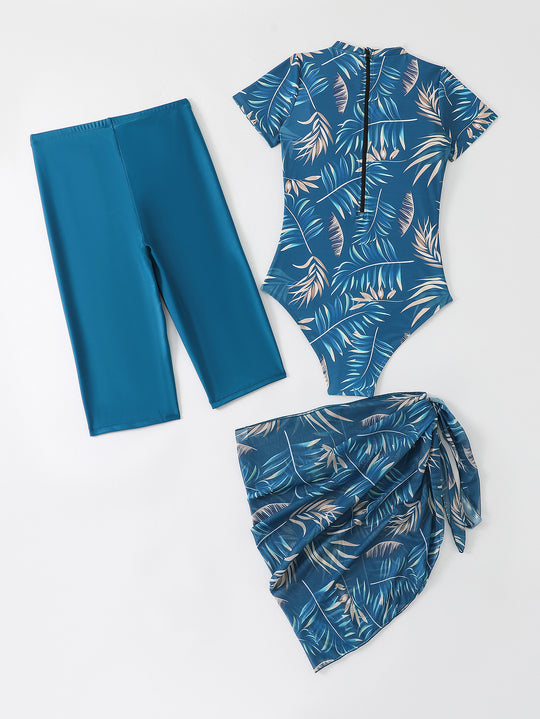 Damen Sportlicher Einteiler Badeanzug mit ergänzenden Leggings und Wickelrock EB
