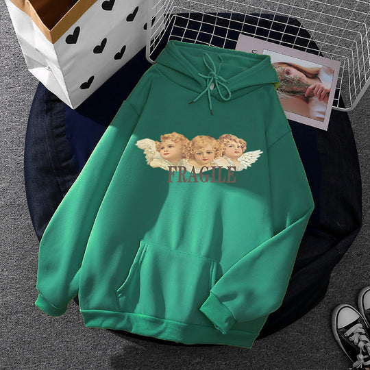 Damen nan leichter Oversize Kapuzenpullover mit Herz‑EKG‑Motiv, langen Kordeln und elastischem Bund EB