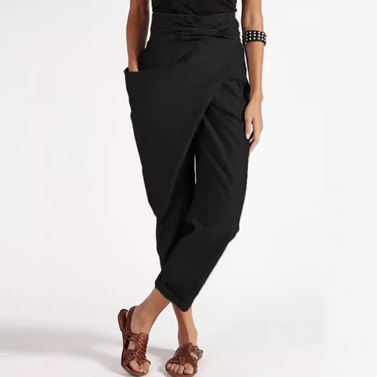 Damen nan Wickelhose aus Leinenmix mit hohem Taillenbund, überlappender Vorderseite und großzügiger Eingrifftasche EB