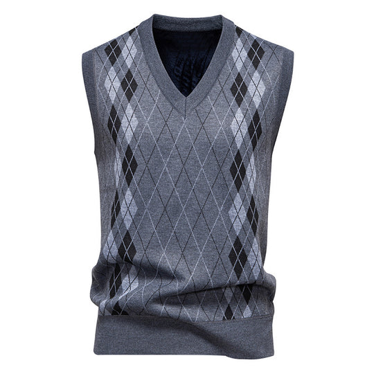 Herren nan elegante Rautenmuster-Strickweste mit V-Ausschnitt und leichtem Baumwollmix EB