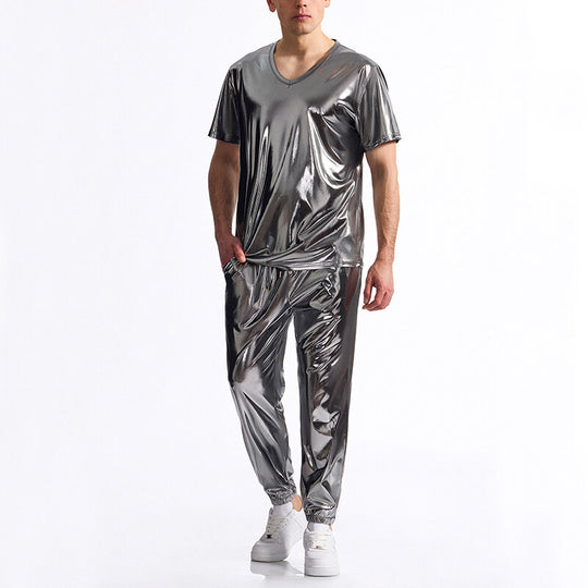 Herren glänzendes Sport-Outfit mit modernem V-Ausschnitt und elastischem Bund EB