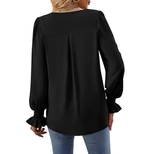 Damen V-Ausschnitt Bluse mit Kellerfalte und gerafften Manschetten EB