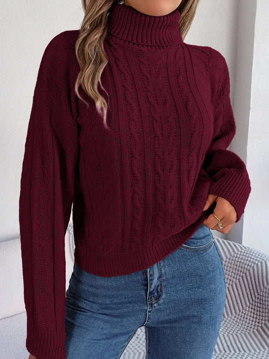 Damen Gemütlicher Strickpullover mit Stehkragen und Zopfmuster EB