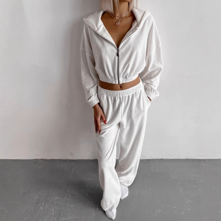 Damen nan Samt-Loungewear-Zweiteiler mit kurzem Frontzip, elastischem Komfortbund und weitem Hosenbein EB