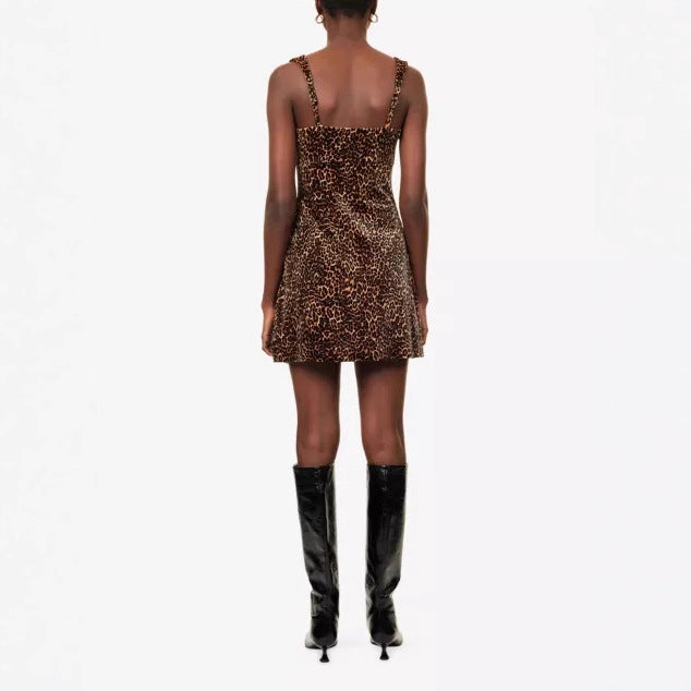 Damen figurbetontes Minikleid mit Leopardenmuster und eleganten Trägern EB