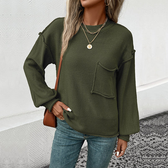 Damen lässiger Strickpullover mit aufgesetzter Tasche EB