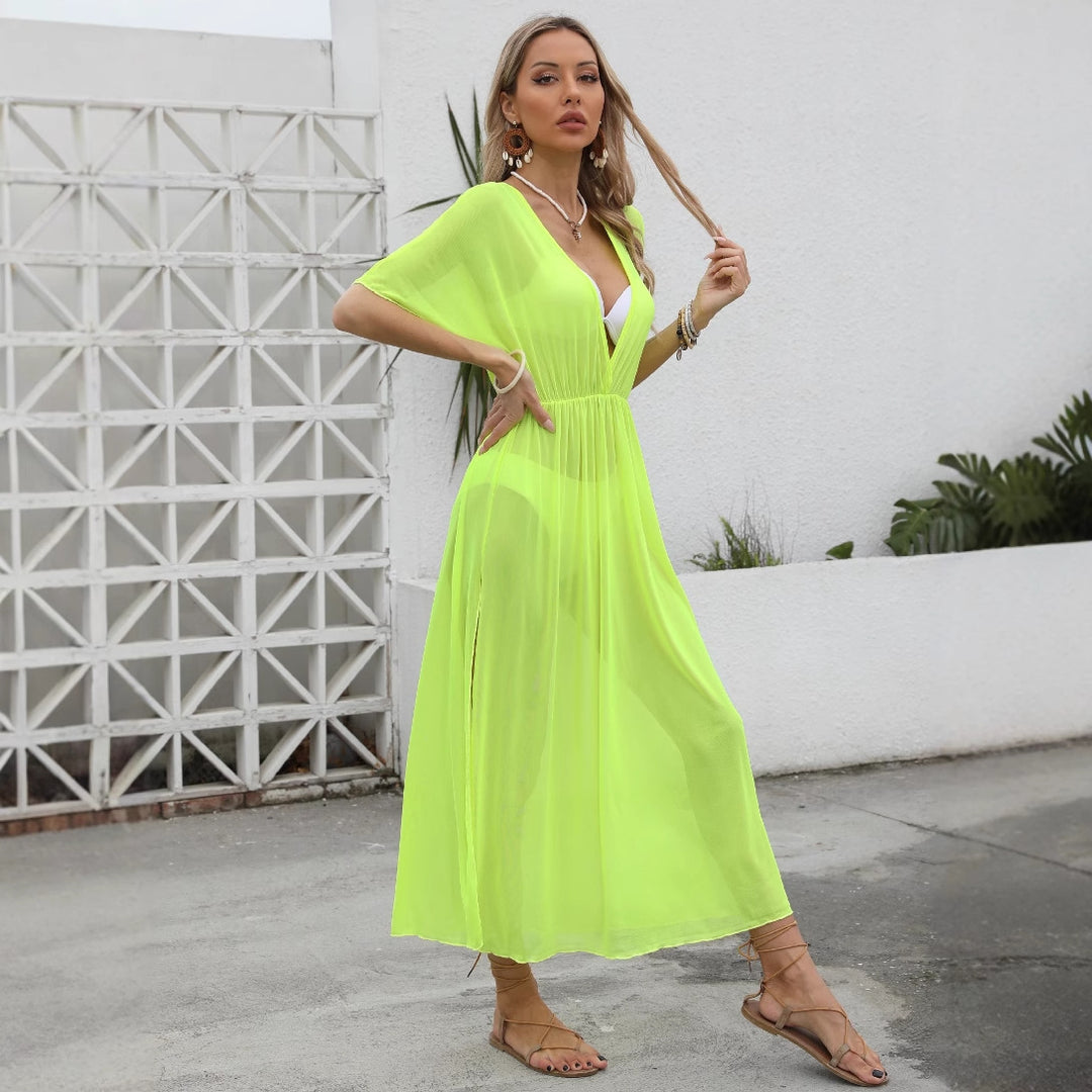 Damen elegantes Maxi-Kleid mit tiefem V-Ausschnitt und fließendem Rock EB