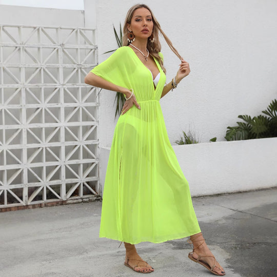 Damen elegantes Maxi-Kleid mit tiefem V-Ausschnitt und fließendem Rock EB