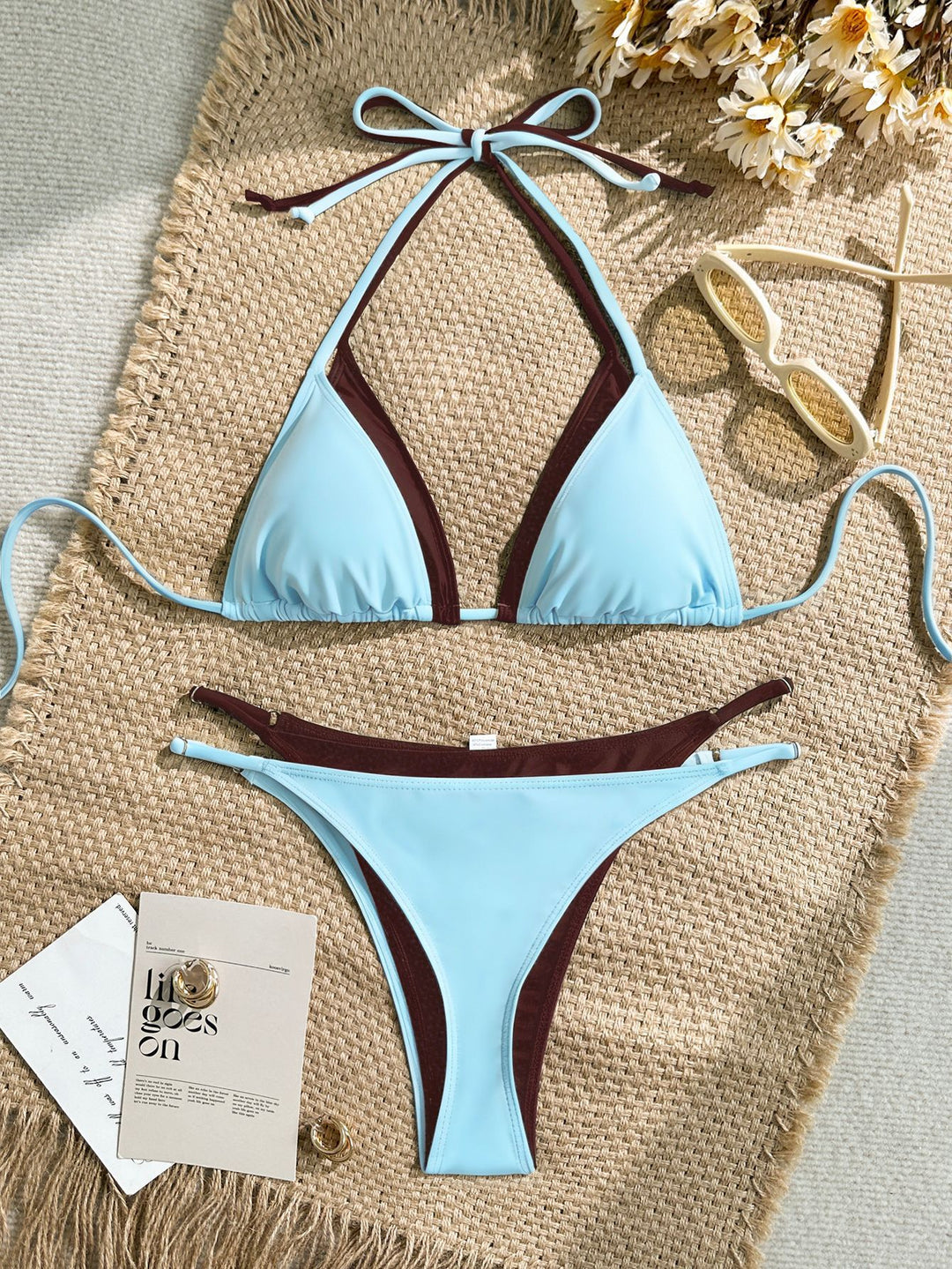 Damen Triangel-Bikini mit verstellbaren Trägern und kontrastrierendem Farbdesign EB