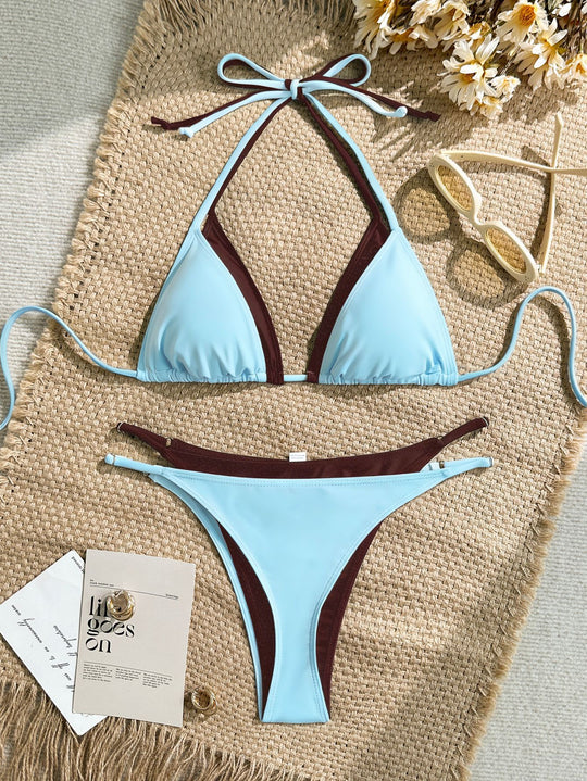 Damen Triangel-Bikini mit verstellbaren Trägern und kontrastrierendem Farbdesign EB