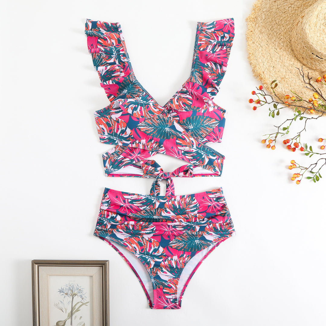 Damen Cropped Bikini-Set mit verspieltem Rüschendesign und elegantem Bindeträgersystem EB
