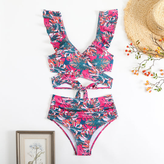Damen Cropped Bikini-Set mit verspieltem Rüschendesign und elegantem Bindeträgersystem EB