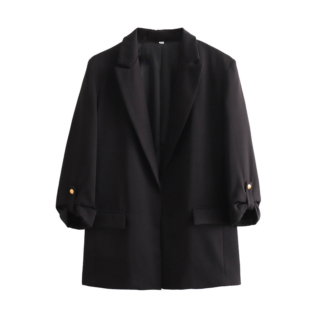 Damen elegante Blazerjacke mit strukturierten Ärmeln und dezenten Goldakzenten EB