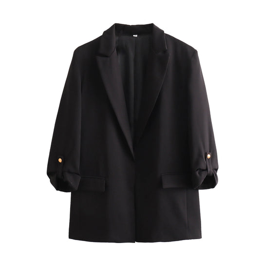 Damen elegante Blazerjacke mit strukturierten Ärmeln und dezenten Goldakzenten EB