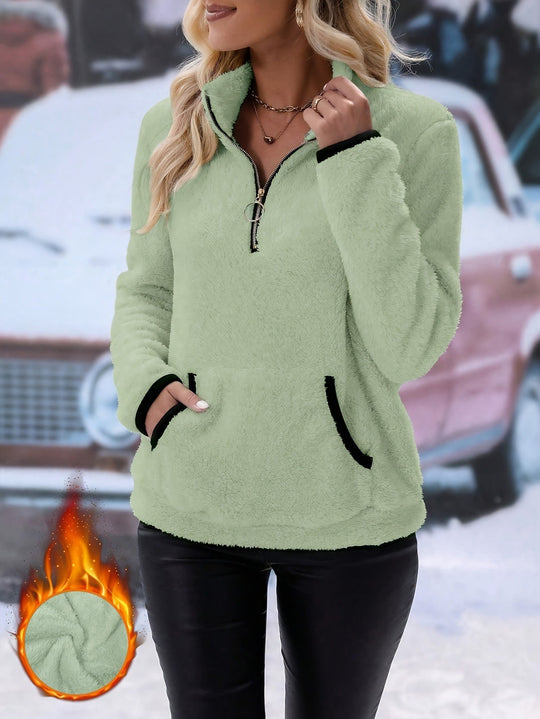 Damen nan kuscheliger Teddy-Fleece Pullover mit halbem Reißverschluss und Kängurutasche EB