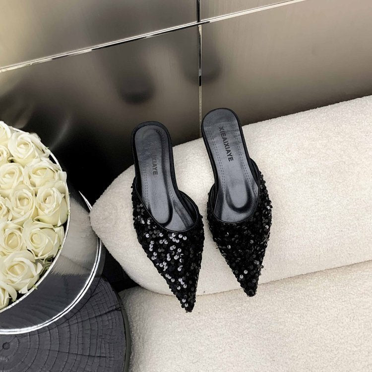 Damen elegante Mules mit glamourösem Paillettenbesatz EB
