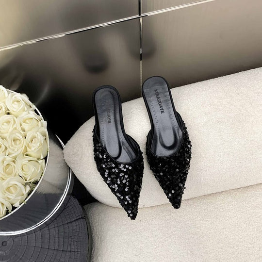 Damen elegante Mules mit glamourösem Paillettenbesatz EB