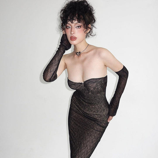 Damen Spitzen-Maxi-Kleid mit herzförmigem Ausschnitt und langen Ärmeln EB