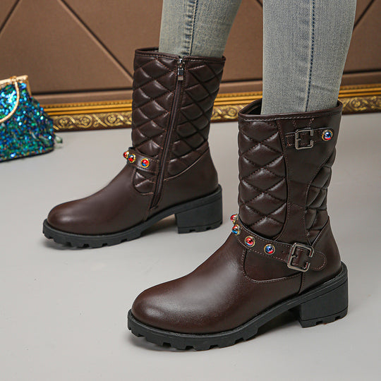 Damen modische Stiefeletten mit dekorativen Schmuckdetails und robustem Profil EB