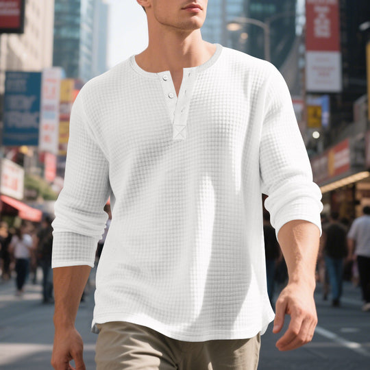 Herren nan Waffelstruktur-Henley-Langarmshirt mit Rundhalsausschnitt, mehrfacher Knopfleiste und entspannter Passform EB