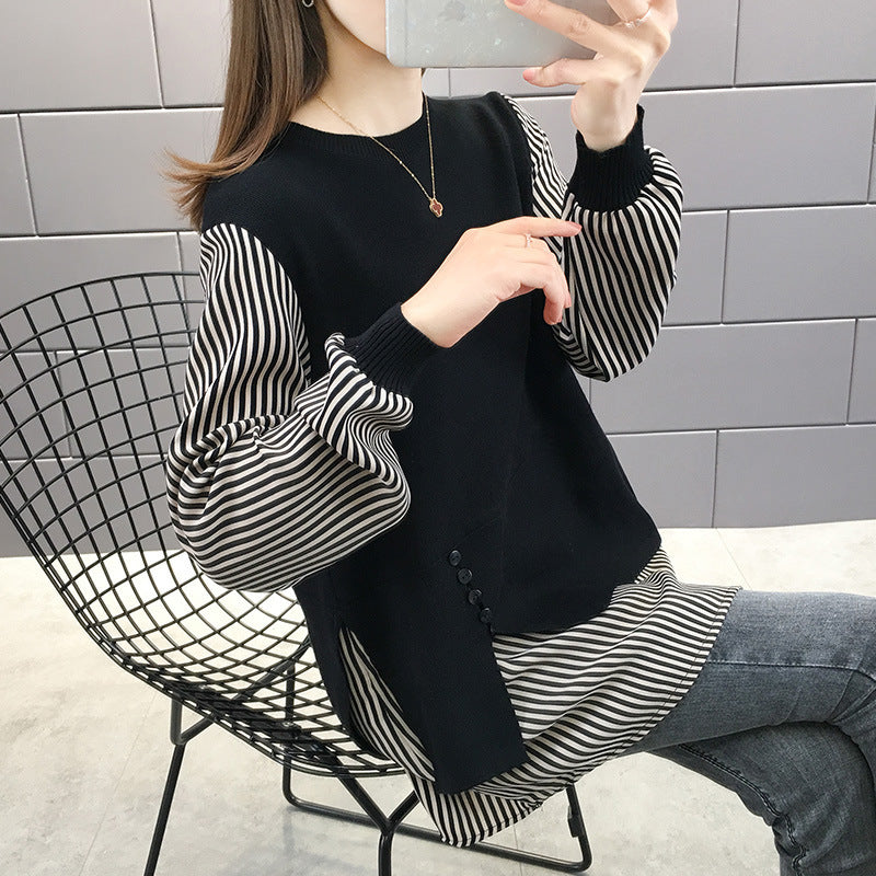Damen Layered Sweatshirt mit gestreiften Ärmeln und Knopfdetails EB