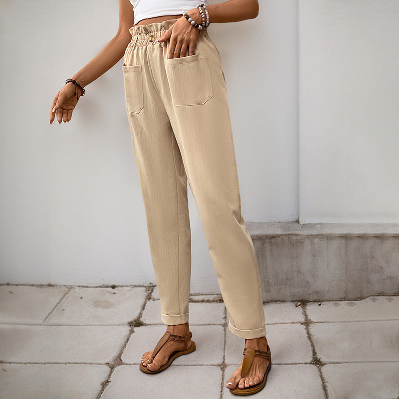 Damen lockere Stoffhose mit elastischem Bund und praktischen Taschen EB
