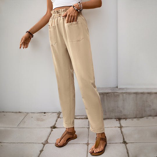 Damen lockere Stoffhose mit elastischem Bund und praktischen Taschen EB