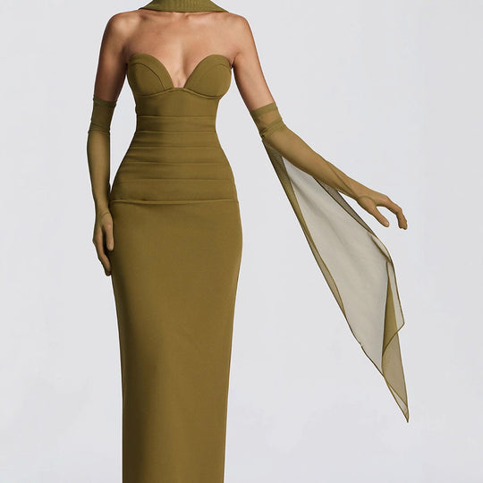 Damen Elegantes Schulterfreies Maxikleid mit figurformenden Einsätzen EB