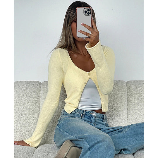 Damen Langarm-Crop-Top mit raffinierter Knopfleiste EB