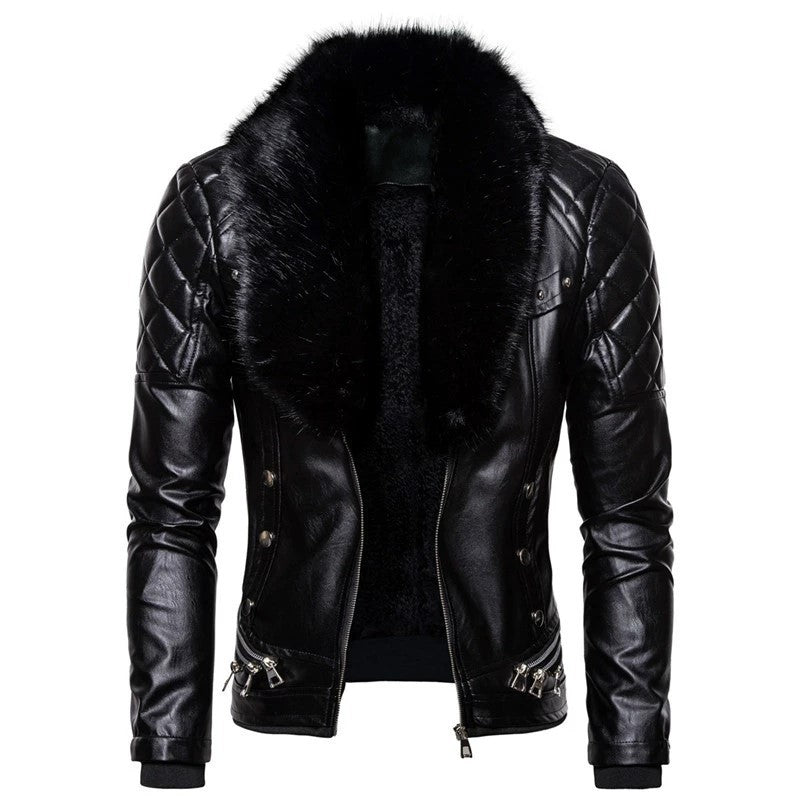 Herren Bikerjacke mit Kunstfellkragen und gesteppten Details EB