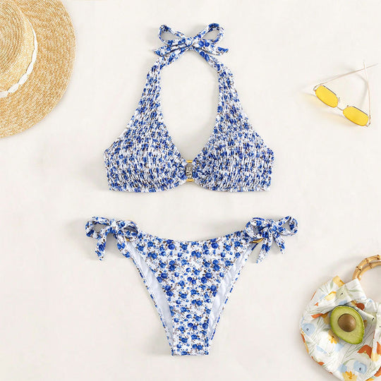 Damen Triangel-Bikini mit buntem Blumenmuster und verstellbaren Bindebändern EB