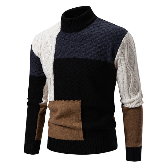 Herren nan strukturierter Patchwork-Strickpullover mit hohem Stehkragen und kombinierten Strickmustern EB