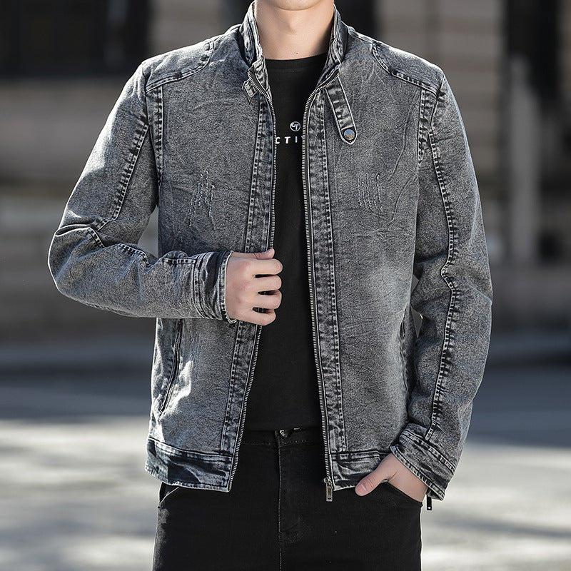 Herren Jeansjacke im Vintage-Washed Slim-Fit mit Stehkragen und Reißverschluss EB