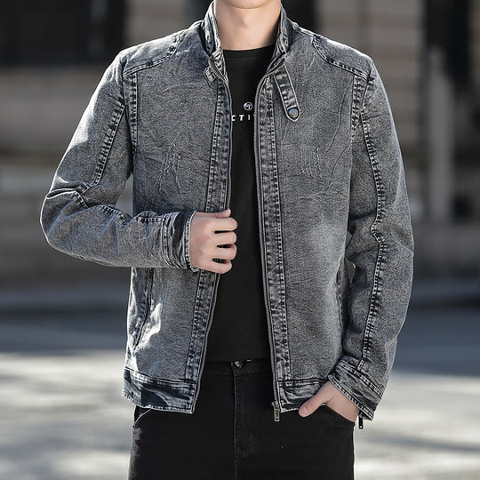 Herren Jeansjacke im Vintage-Washed Slim-Fit mit Stehkragen und Reißverschluss EB