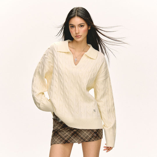 Damen Grob gestrickter Pullover mit V-Ausschnitt und Kragen EB