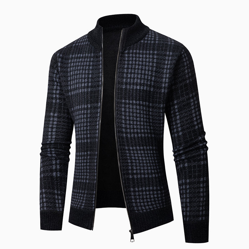 Herren modische Strickjacke mit hohem Kragen und stilvollem Karomuster EB