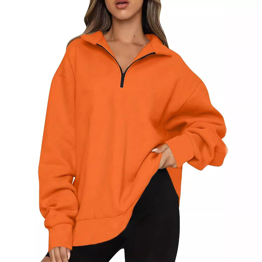 Damen nan Oversized Sweatshirt mit Kurzreißverschluss, Stehkragen und Kängurutasche EB