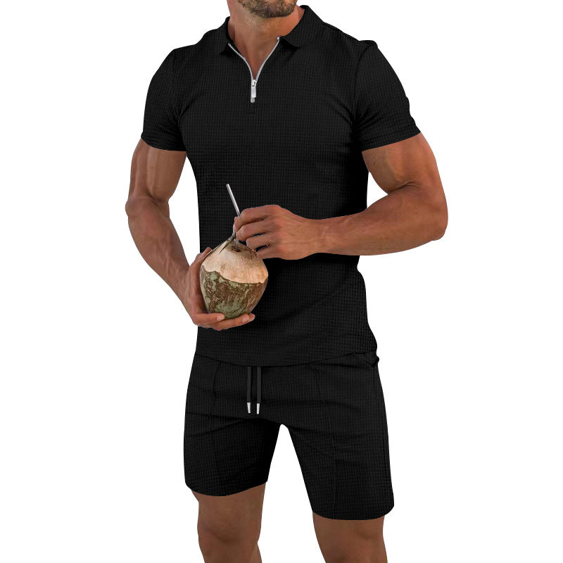 Herren lässiges Kurzarm-Set mit strukturiertem Polo und modischen Shorts EB